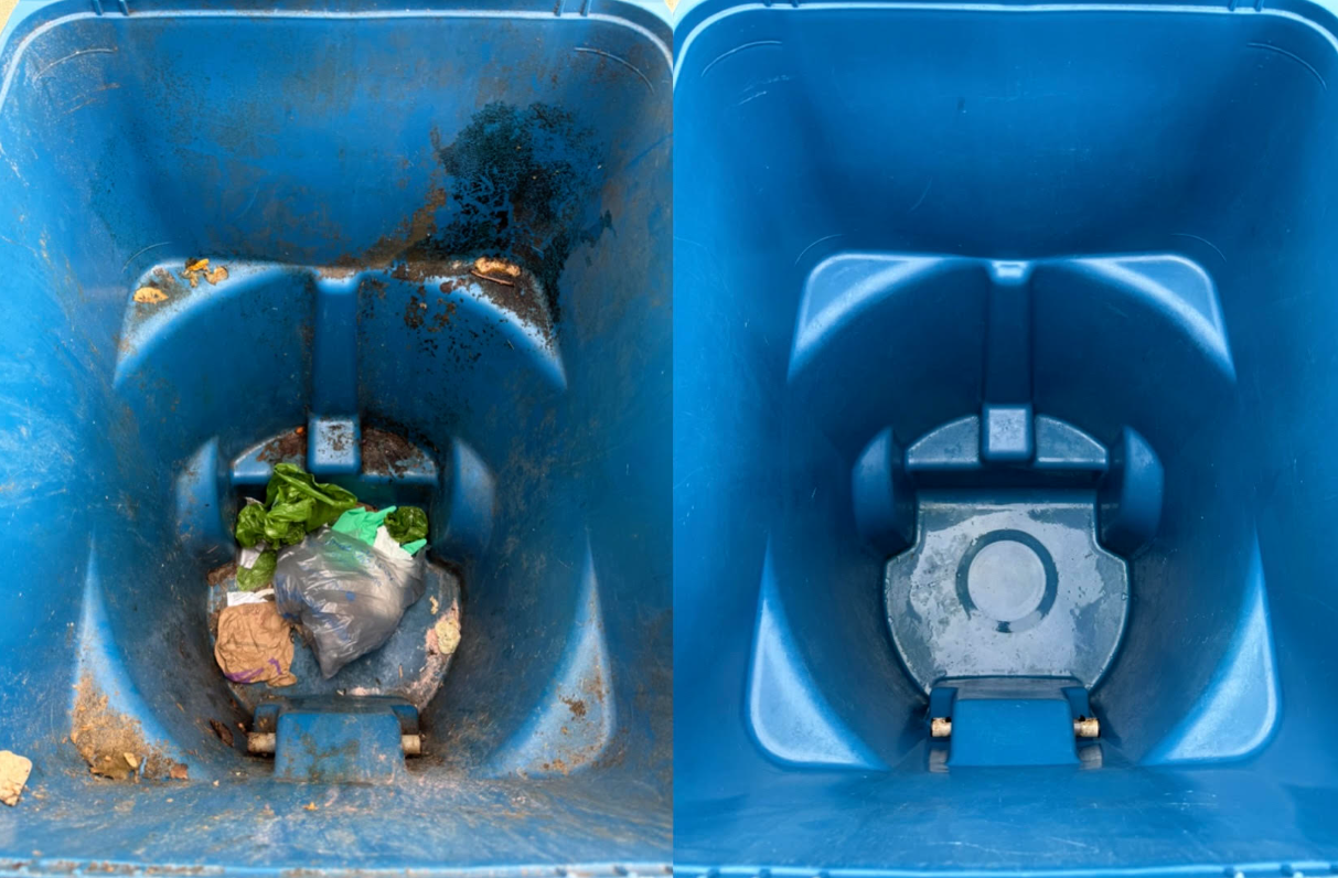Before and After Trash and Recycling Bin Cleaning in Elmhurst, IL Before and after of a dirty trash and recycling bin cleaned by Bin Bros in Elmhurst, IL