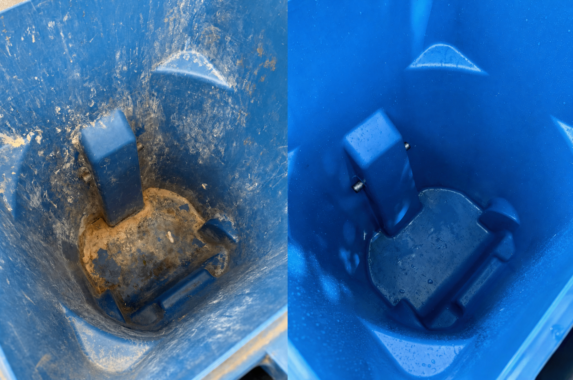 Dirty curbside garbage can with lid open, showing grime and residue baked onto the inside walls