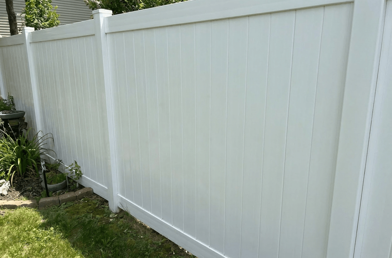 Bright, clean white vinyl fence after Bin Bros fence cleaning in Elmhurst, IL