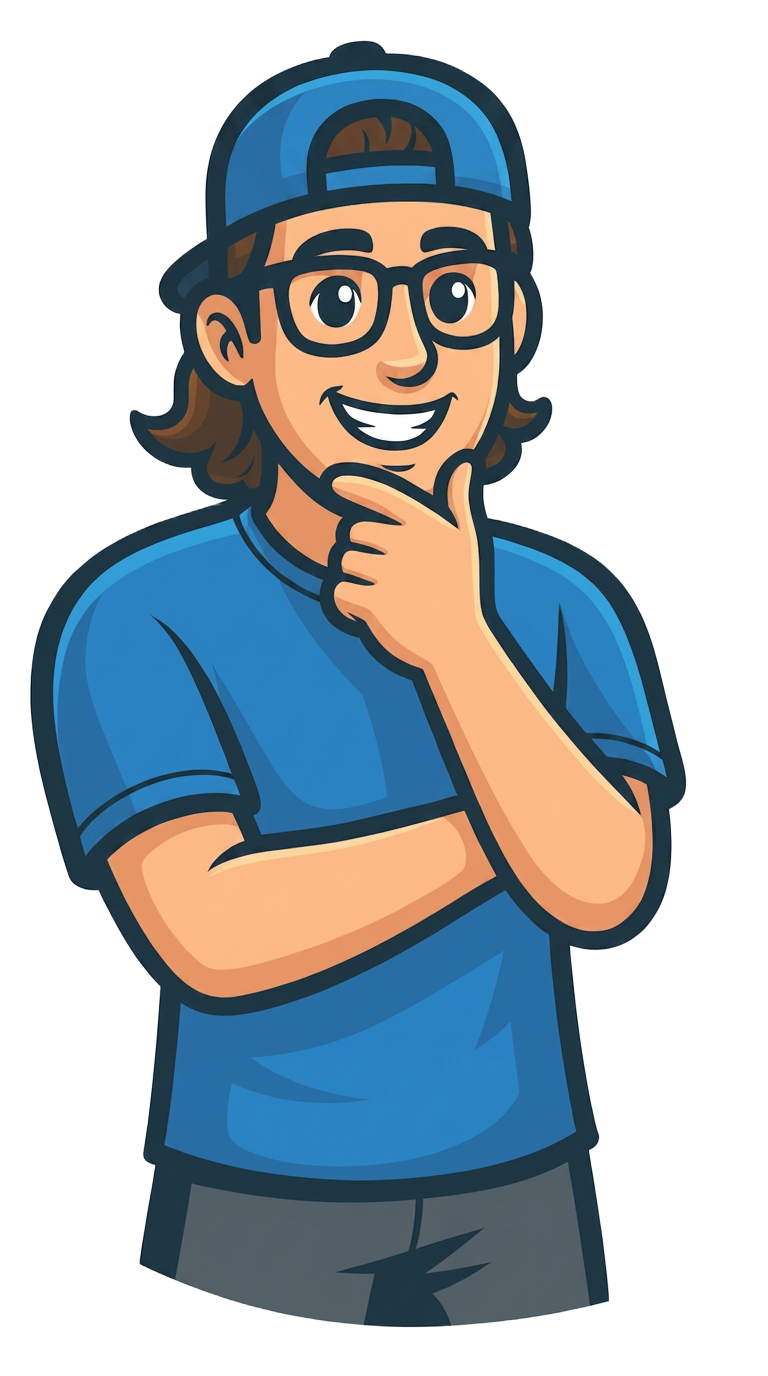Bin Bros cartoon character with a backwards cap pointing at the social media links